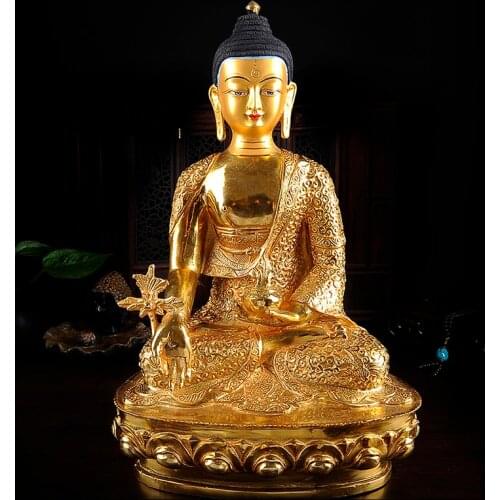 32CM LARGE # GOOD # BUDDHIST BUDDHISM EFFICACIOUS SAFETY PROTECTION TIBET NEPAL GOLD-PLATED SAKYAMUNI BRASS BUDDHA STATUE