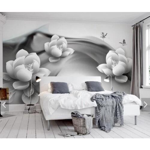 3D Black White Water Lily Butterfly Mural Photo Wallpaper for TV Sofa Backdrop Wall Paper Rolls Canvas Floral Wall Murals