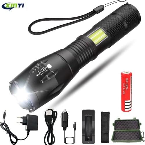 5000LM Powerful LED Flashlight Side COB Lamp Design T6 Zoomable torch 4light modes use18650 battery + charger, for camping