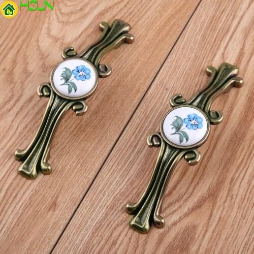 96 128 160mm Retro Rustico Printing Ceramic Kitchen Cabinet Cupboard Door Handles Antique Bronze Drawer Tv Cabinet Pulls Knobs