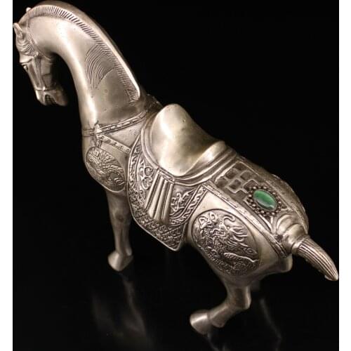 Antique Art Collection Crafts, Old Tibet Silver Handande Tang Horse Sculpture,Home Living Decoration Metal Statue