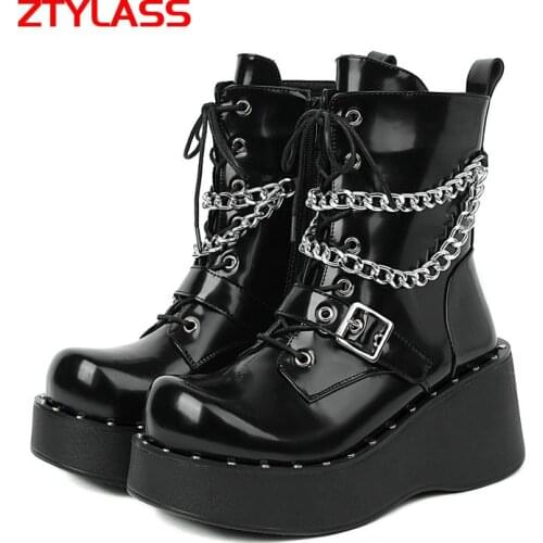 Black Sexy Chain Platform Women Boots Wedges Heel Ankle Boots Spring Autumn Fashion Martin Boots Zipper Winter Woman Shoes 2021
