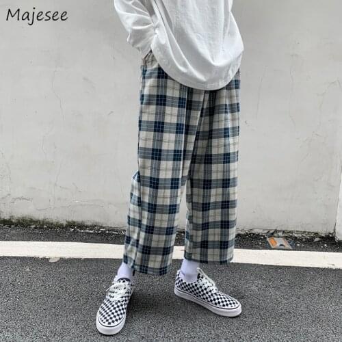 Pants Men Plaid Plus Size 3XL Loose Ankle-length Elastic Waist Ins Harajuku Sweatpants Leisure Daily High Street Hip-hop Couples