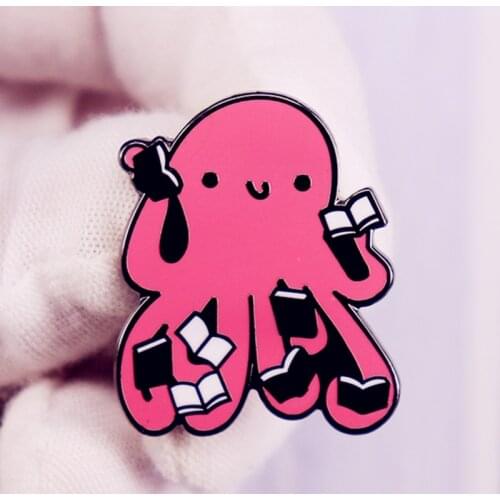 Cartoon Octopus Reading Books Lovers Enamel Brooch Pins Badge Lapel Pin Brooches Jeans Jacket Fashion Jewelry Accessories