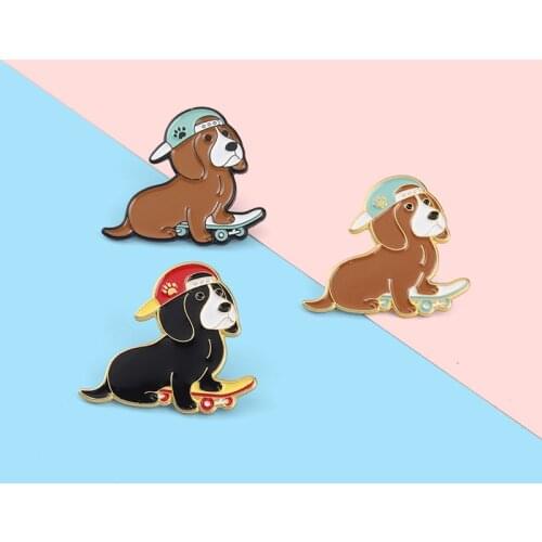 Cartoon Cute Animals Dogs Enamel Brooches Puppy Skateboarding Wearing Hats Playing Cool Alloy Pins Accessories Women Jewelry