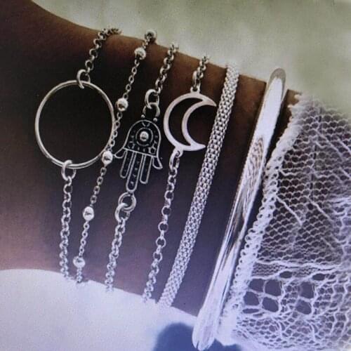 European and American hot sale fashion retro big circle moon palm bracelet combination 6 piece set for female wholesale