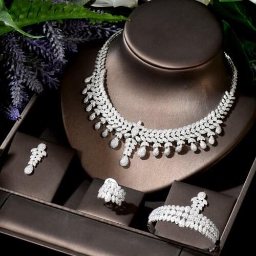 HIBRIDE Sparkling Luxury Leaf Charms 4Pcs Statement Necklace Earring Bangle Ring Sets Women Bridal Jewelry Bijoux Femme N-1796
