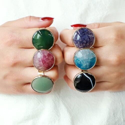 SAY HELLO Boho Natural Stone Green Aventurine Agates Pink Crystal Round Oval Shaped Rings for Women Ringe Adjustable Size K5771