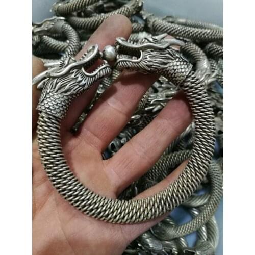 Collection China Tibetan silver Carved Double headed Dragon Bracelet Statue