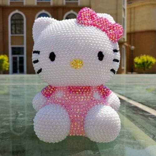 Handmade Pearl Rhinestone Helloo Kitty Coin Saving Box Shining Coin Bank Bling Kitty Cat Piggy Bank Safe Kids Bank Deposit Box