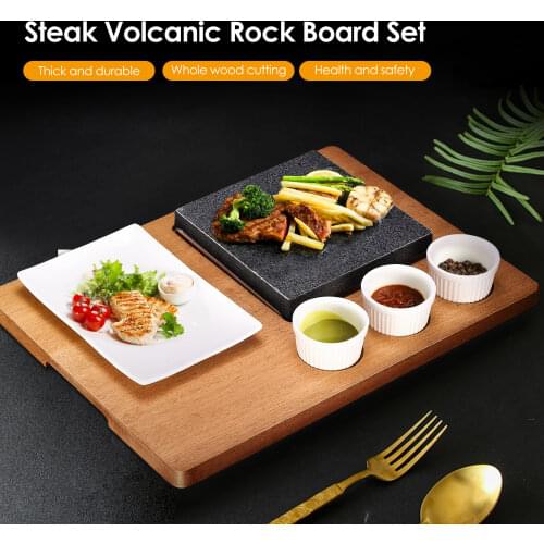 Lava Stone Steak BBQ Board Sapele Solid Wood Board Japanese Cooking Meat Fish Grilling Hot Stone Slate Barbecue Steak Baking Pan
