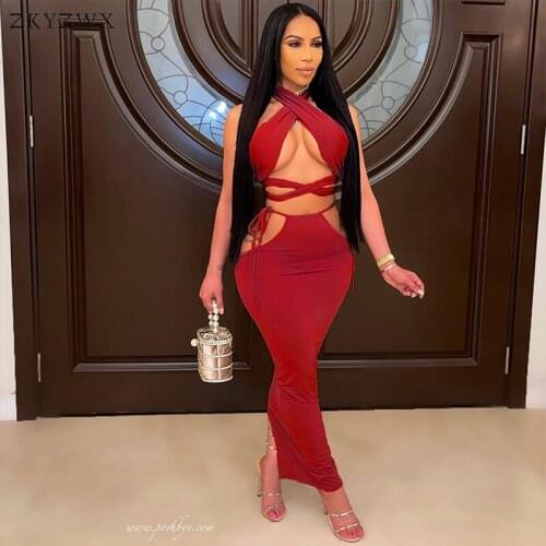 ZKYZWX Trendy Backless Night Club Party Dress Women Clothes 2021 Summer Bandage Vestido Off Shoulder Hollow Out Maxi Dresses
