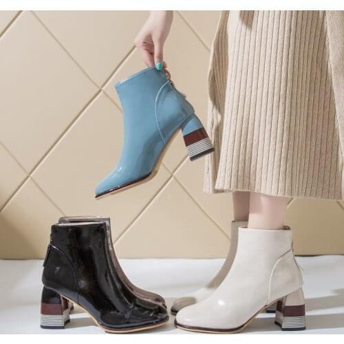 Soft Patent Leather Short Boots Woman High Heels Ankle Boots Women Fall Shoes Female Footware British Style blue