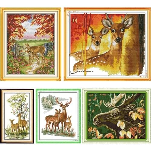 Fabric Sika Deer Embroidery Needlework Joy Sunday Counted Thread Cross Stitch Kits Stamped 11CT 14CT Printed Handmade Gifts Sets