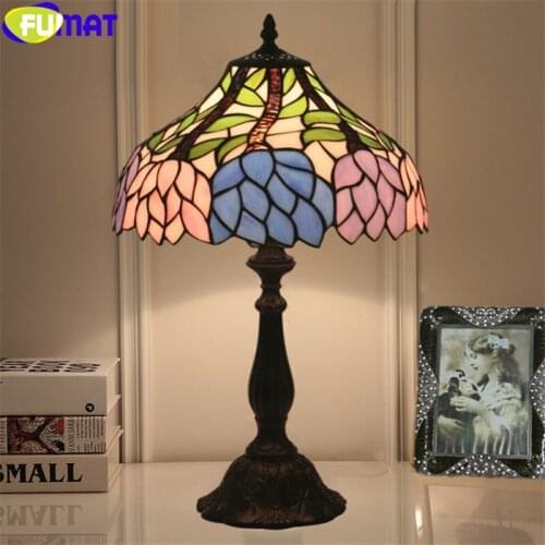 FUMAT tiffany style desk lamp pink blue lotus table light dia12 inch e27 lamps dragonfly lampshade stained glass handicraft arts