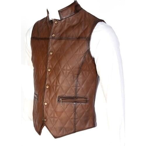 Genuine Lambskin Handmade-Men 'S Brown Leather Vest-Narrow Cut