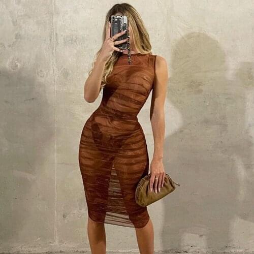 Summer New Style Mesh Printed Round Neck Sleeveless Folds See-Through Slim Long Dress Womens Birthday Party Clothing Brown