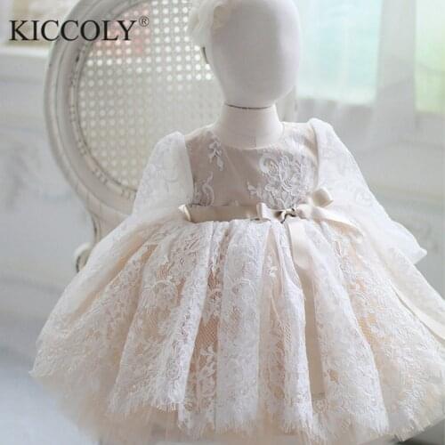 Cute Flower Girls Wedding Dress Long Sleeve Baby Girl Christening Gown For Party 1 Year Baby Girl Birthday Dress Baptism Clothes