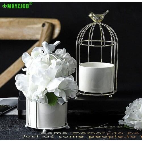Gold-plated Bird Cage Iron Frame Flower Pot Garden Iron Bird Cage Ornament Ceramic Hydroponic Flower Pot Wedding Supplies