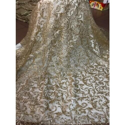 Glued glitter african Tulle lace in gold for nice dress ZH-51544 modern design french net lace fabric