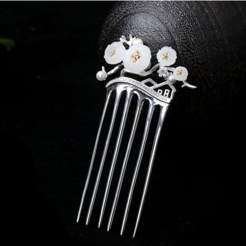 925 Sterling Silver Hair Comb Luxury Jewelry Hair Accessories Flower Pearl Hair Pin Vintage Handmade Ethnic Jewellery Chinese