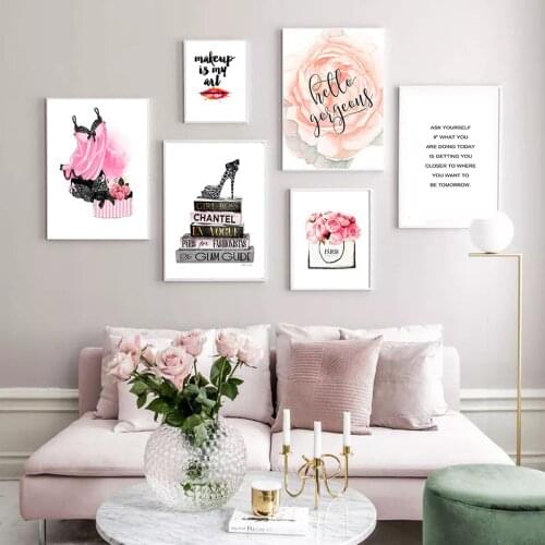 Nordic Modern Minimalist Romantic Pink Flowers Girly Style Photo Poster Wall Creative Combination Background Wall Decorative