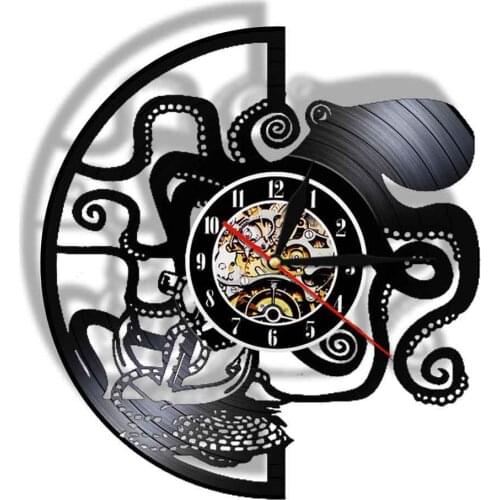 Octopus LED Night Light Lamp Sign with Remote Control Devilfish Vintage 12" Black Hanging Watch Poulp Vinyl Record Wall CLock