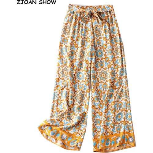 2020 Bohemian Paisley Flower print Wide Leg Pants Hippie Woman Holiday Elastic Waist Bow Full length Trousers Femme Casual Pants