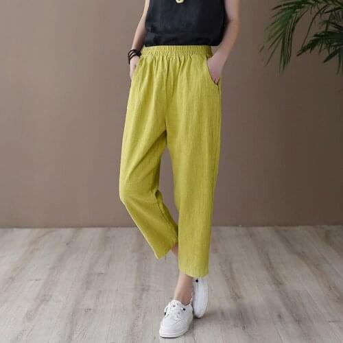 Aransue Fashion 2020 Ankle Haren Trousers Leisure Capris Womens Pantalones Versatile Splicing Ramie Radish Pants Free Shipping