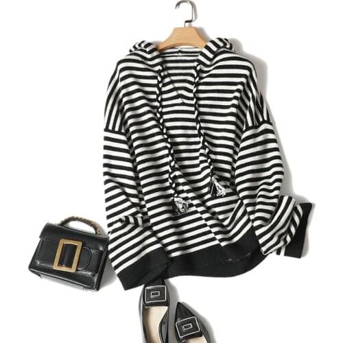 Womens fashion 100% cashmere striped hooded sweater loose fashion casual ladies autumn winter pullover