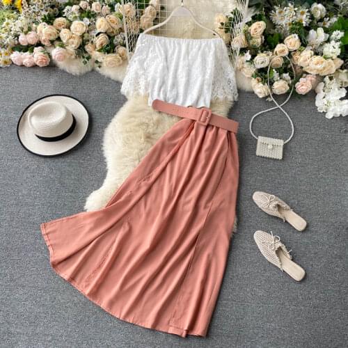 SINGRAIN Women Summer Slash Neck Lace Ruffles Short Top+Sexy Split High Waist Long Skirt Two Pieces Set French Sweet Fashion Set