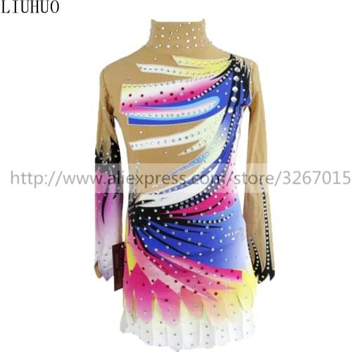 Girl Women rhythmic gymnastics performance suit Artistic gymnastics dress Multi-color stand collar long sleeve Shiny rhinestone