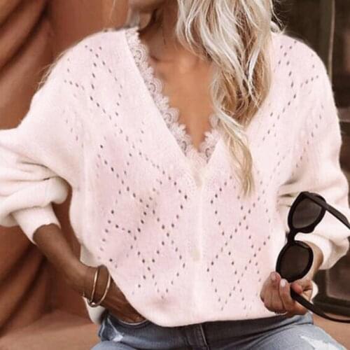 Sweaters Women Spring Autumn Solid Color Hollow Out Lace V-Neck Long Sleeve Pullovers Woman Clothing 2021 Casual Loose Y2K Tops