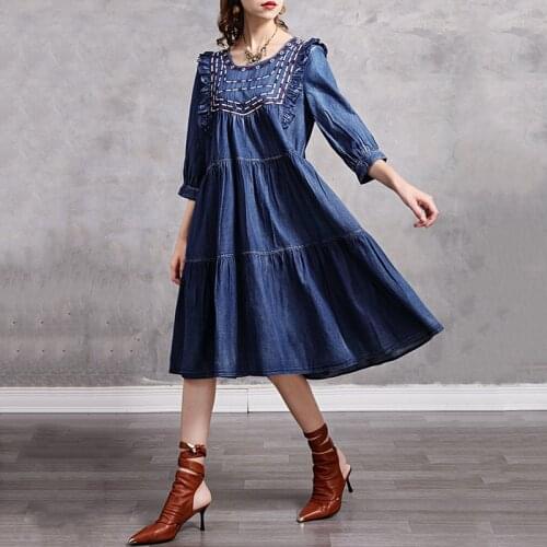 SeeBeautiful O Neck Three Quarter Sleeve Embroidery Large Size A-line Denim Dress Woman Spring 2021 New Fashion T387