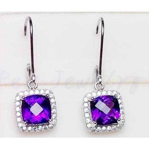 Natural real amethyst drop earring Free shipping 925 sterling silver 1.1ct*2pcs gemstone Fine jewelry For men women X9022210