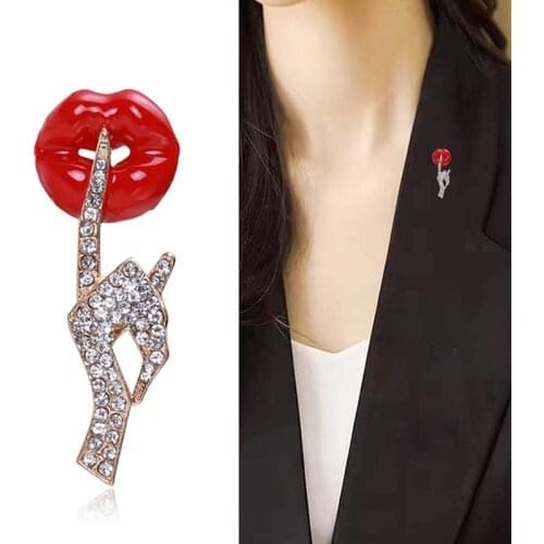 Rhinestone Hand Enamel Lip Broches Vrouwen Sexy Secret Pose Party Office Casual Broche Pins Geschenken