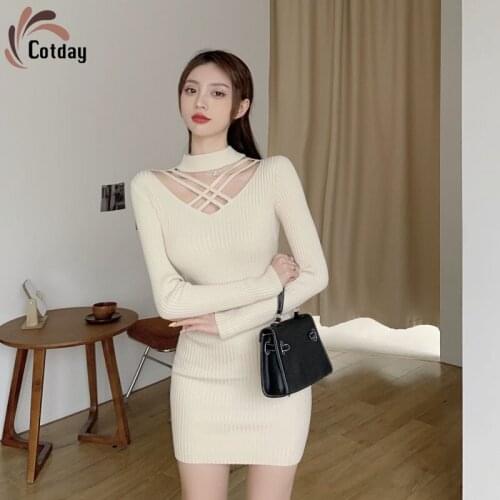 Cotday Hanging Neck Sexy Cross Hollowed Out Slim And Thickened Women Elegance Beige Knitted Girl Vintage Dress For Autumn