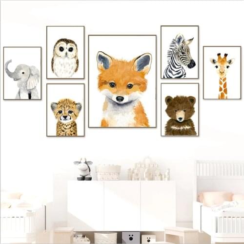 Elephant Zebra Rabbit Watercolor Animal Art Poster Child Nursery Painting Owl Giraffe Canvas Painting Baby Room Wall Decoration