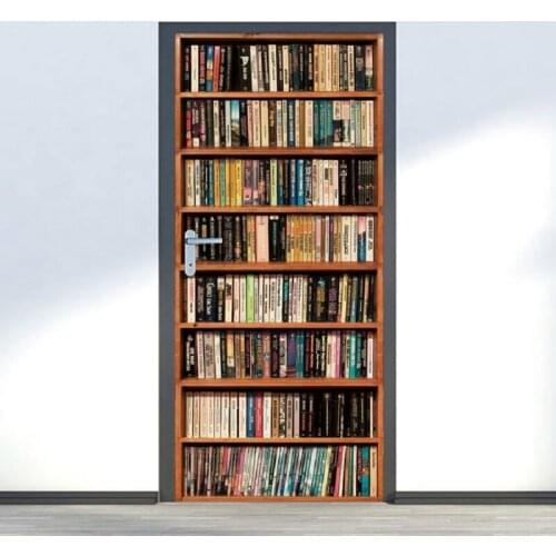 Creative 3D Door Sticker Bookshelf Bookcase Wallpaper Self Adhesive Wall Mural DIY Waterproof Poster Bedroom Decor
