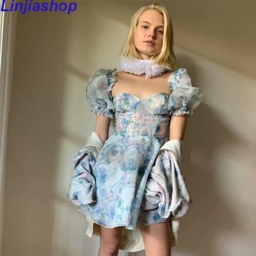 Sweet Women Romantic Flower Print Organza Dress Sexy Collar Puff Sleeve Party Princess Dress Ladies Summer Short Vestido