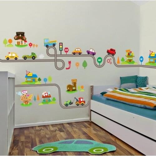Cartoon Cars Highway Track Wall Stickers For Kids Rooms Sticker Childrens Play Room Bedroom Decor Wall Kindergarten Art Decals