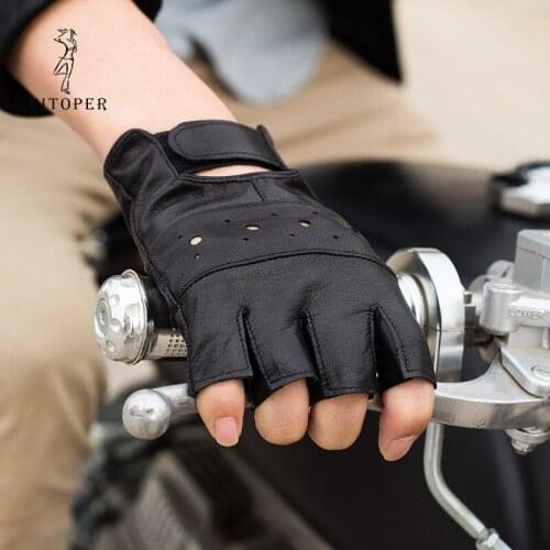 RITOPER Spring Mens Genuine Leather Gloves Driving Unlined Half Fingerless Gloves Fingerless Fitness Gloves Sheepskin Fashion