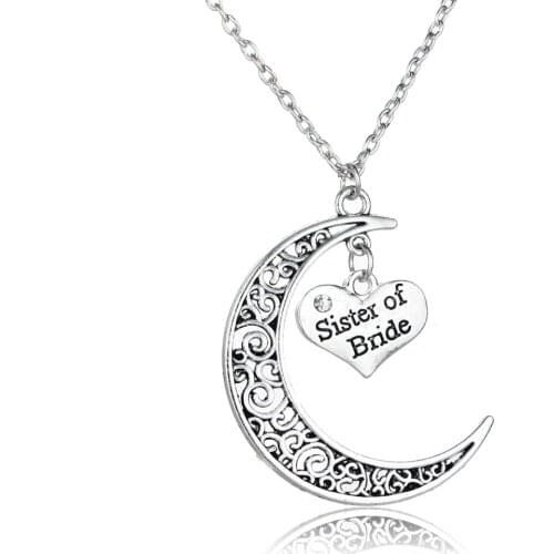 Charm Bride Sister Sis Hollow Moon Heart Crystal Pendant Necklace Rhinestone Family Wedding Women Gift Choker Statement Jewelry