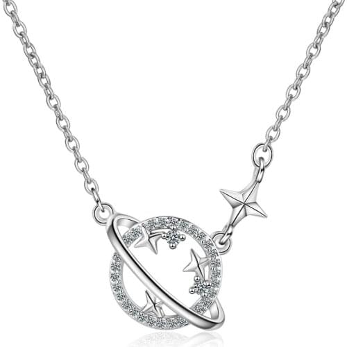 Sweet Dream Planet Star Pendant Necklaces 925 Sterling Silver Clavicle Chain Cubic Zirconia Necklace For Women S-N501