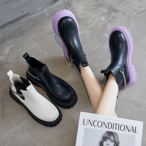 2021 Autumn Winter New Ladies Stitching Elastic Short Boots Spring Fashion Metal Chain Platform Comfortable Womens Shoes