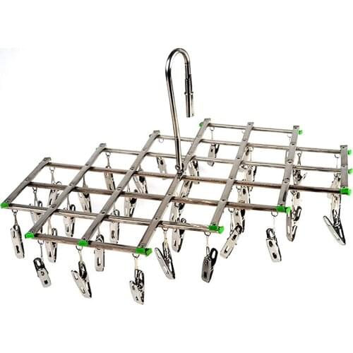 Stainless Steel Windproof Swivel Clothes Hanger Organizer with 35 Clips for Underwear Bra Socks Gloves Drying Hook Rack