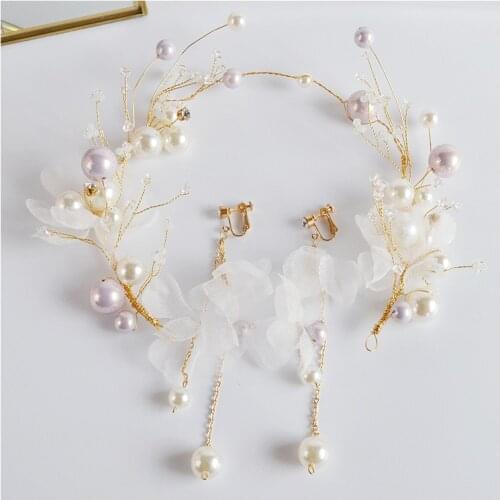 Pearl white crepe hairband princess girls women headbands earring set bride hair wear Wedding hair accessories