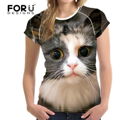 FORUDESIGNS 3D Cat Pattern Short Sleeve Tshirt Female Fashion Summer Breathable Tee Shirts Womens Casual Fitness Tops Shirts