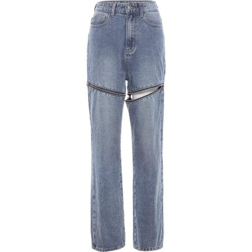 2021 New Women’s Korean Straight Jeans Personality Solid Color Zipper Stitching High-waist Denim Pants Joker Fashion