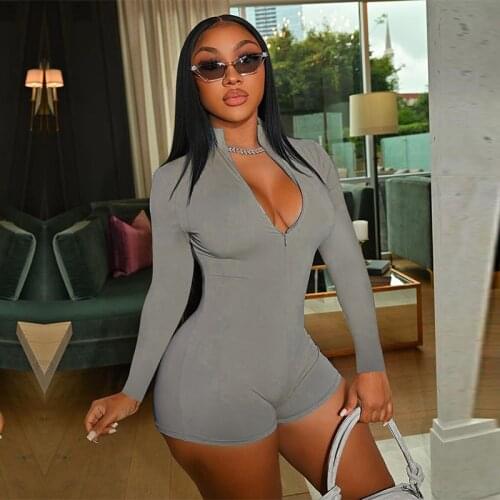 Women Sexy V Neck Zipper Shorts Jumpsuit Long Sleeve Bodycon One Piece Rompers 2021 Autumn Clubwear Playsuit Outfits